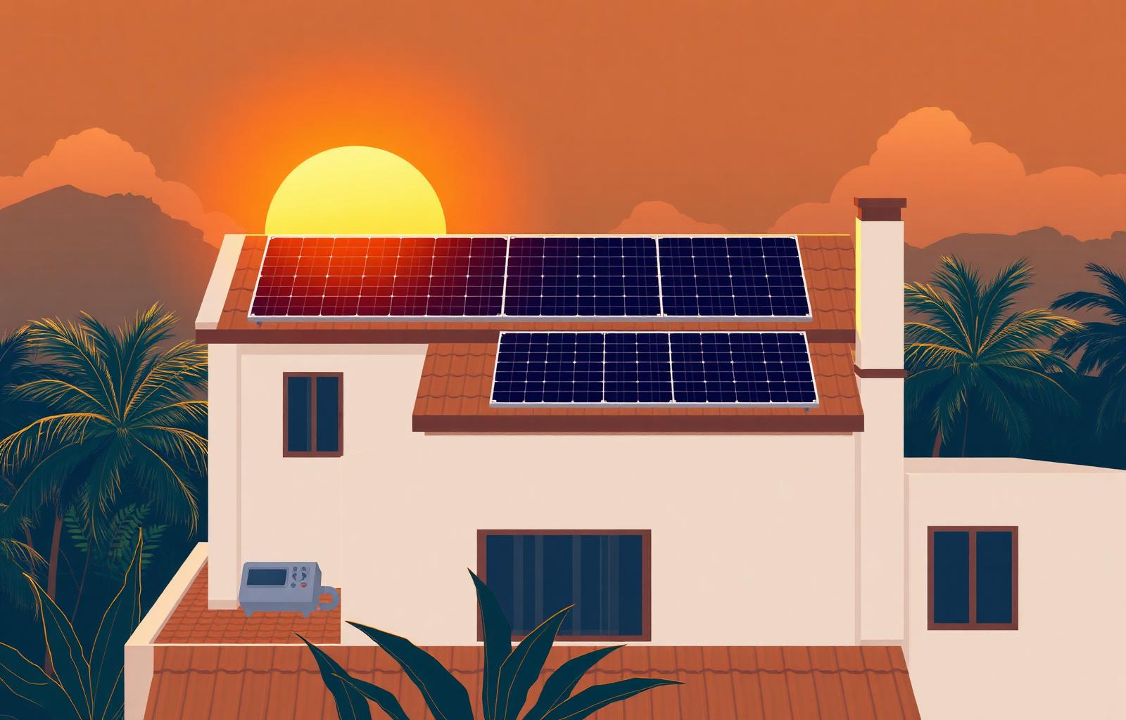 Solar panels on a Philippine home rooftop at golden hour
